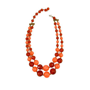 Vintage 60s 2-Strand Bib Bead Necklace Orange Coral Hook Mod Costume